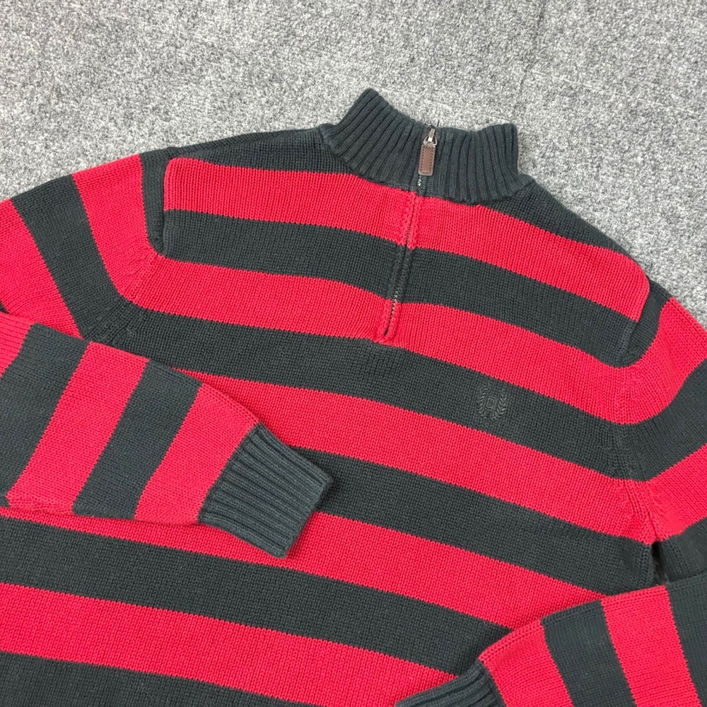 Chaps Mens Red Navy Blue Striped Quarter Zip Cotton Knit Sweater Size Medium